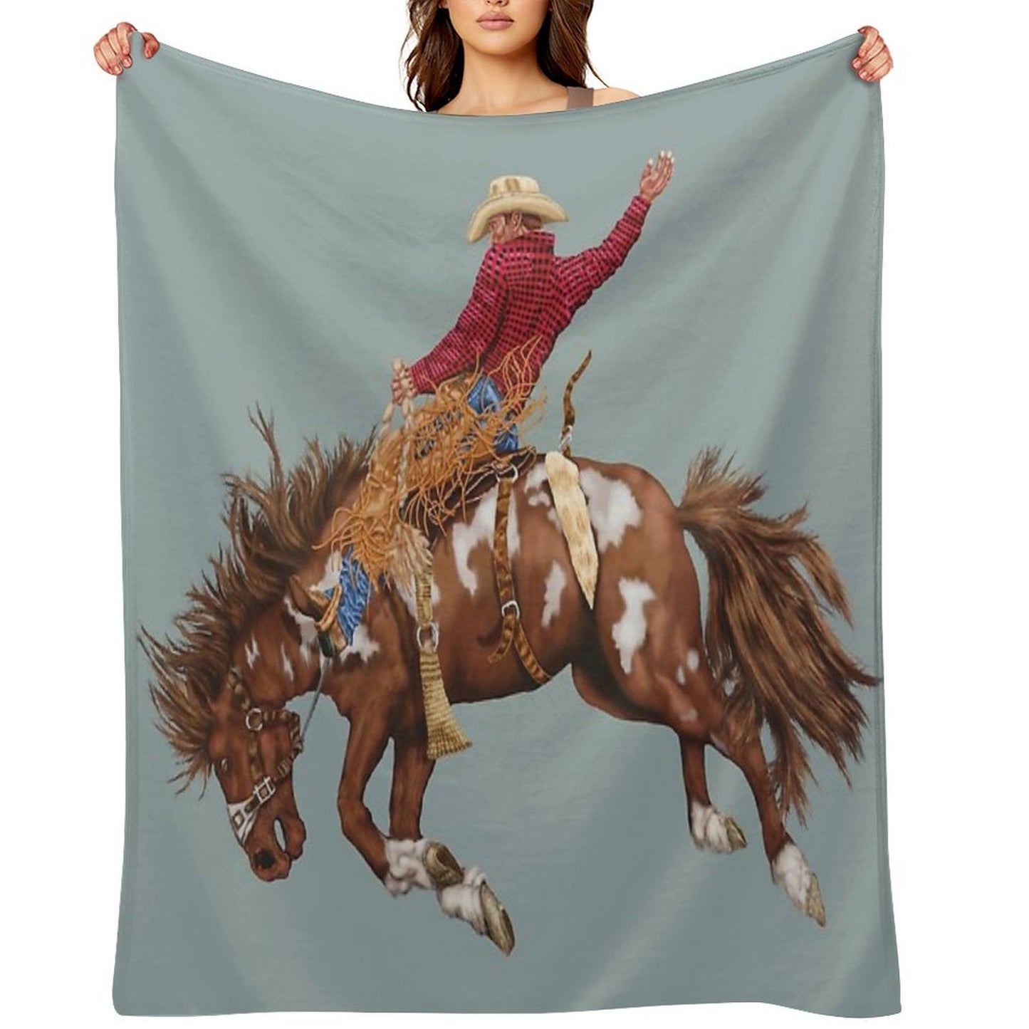 Vintage Western Rodeo Art, Bronco Busting Cowboy Throw Blanket