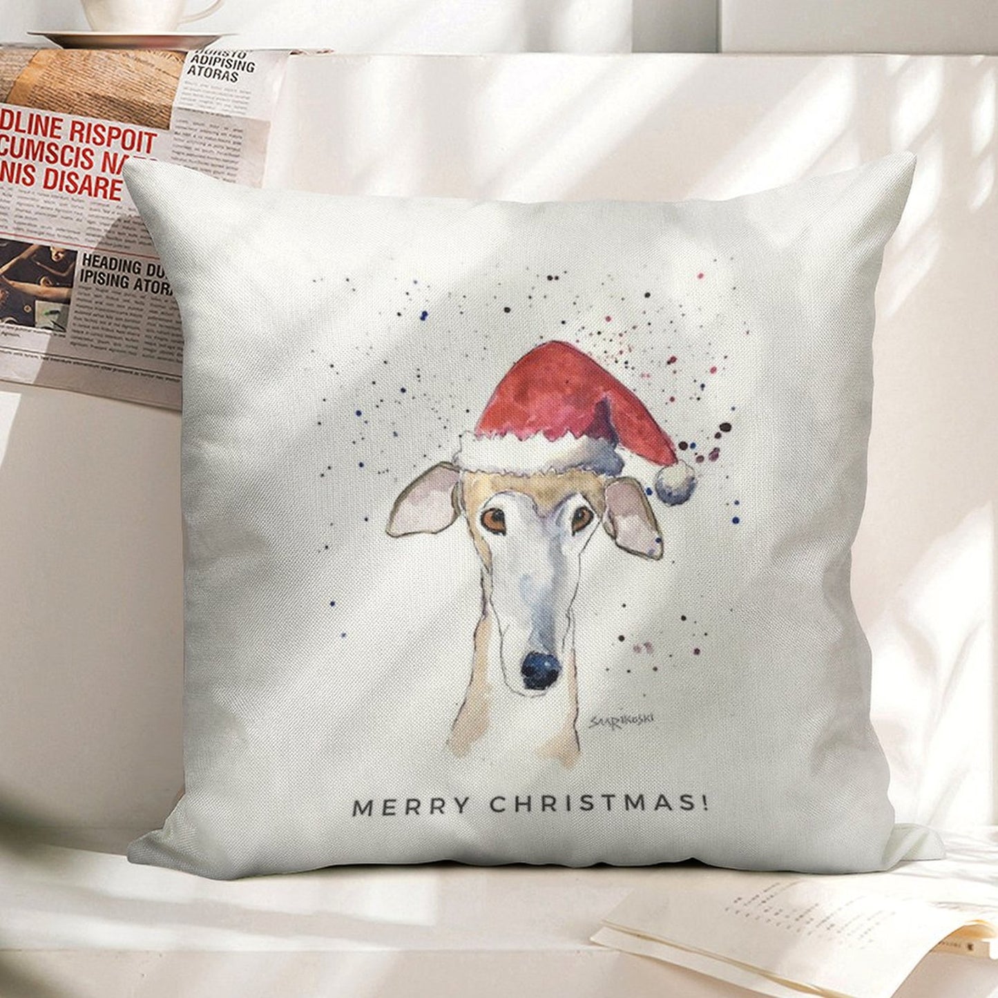 Galgo Espanol Christmas Hat Card, Brindle Greyhound Art Linen Throw Pillow Cover