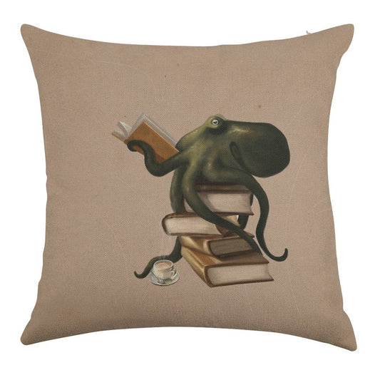 Well-Read Octopus Linen Throw Pillow Cover