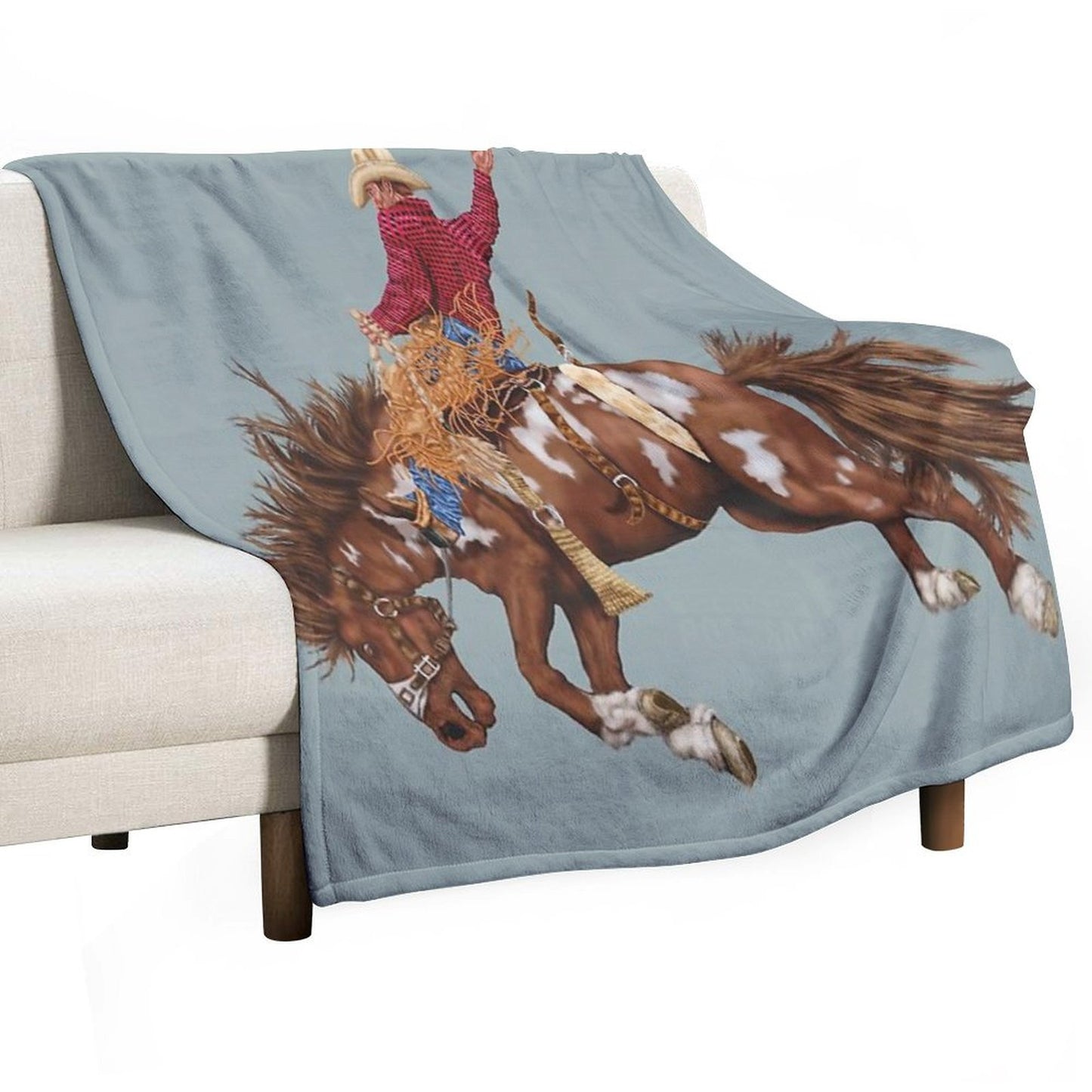 Vintage Western Rodeo Art, Bronco Busting Cowboy Throw Blanket