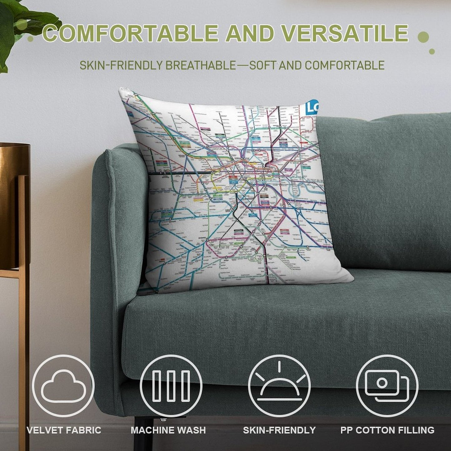 London AllRail Map Soft High-Density Material Throw Pillow