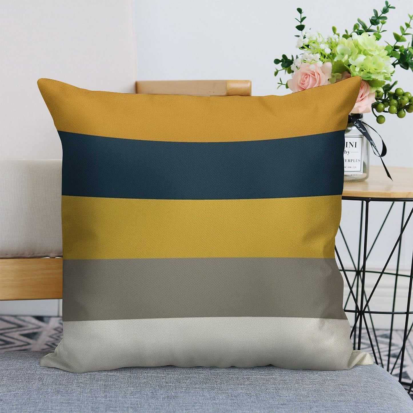 Broad Stripes Pattern in Light And Dark Mustard Yellow, Grey, White, And Navy Blue Linen Throw Pillow Cover