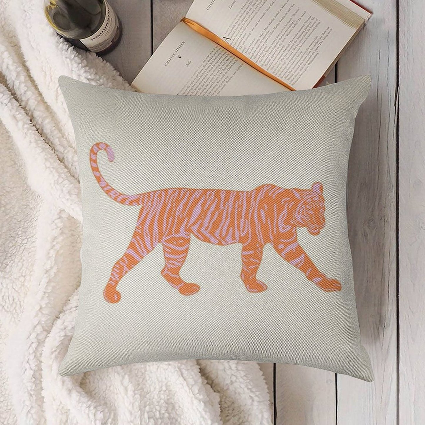 Orange And Pink Tiger Linen Throw Pillow Cover