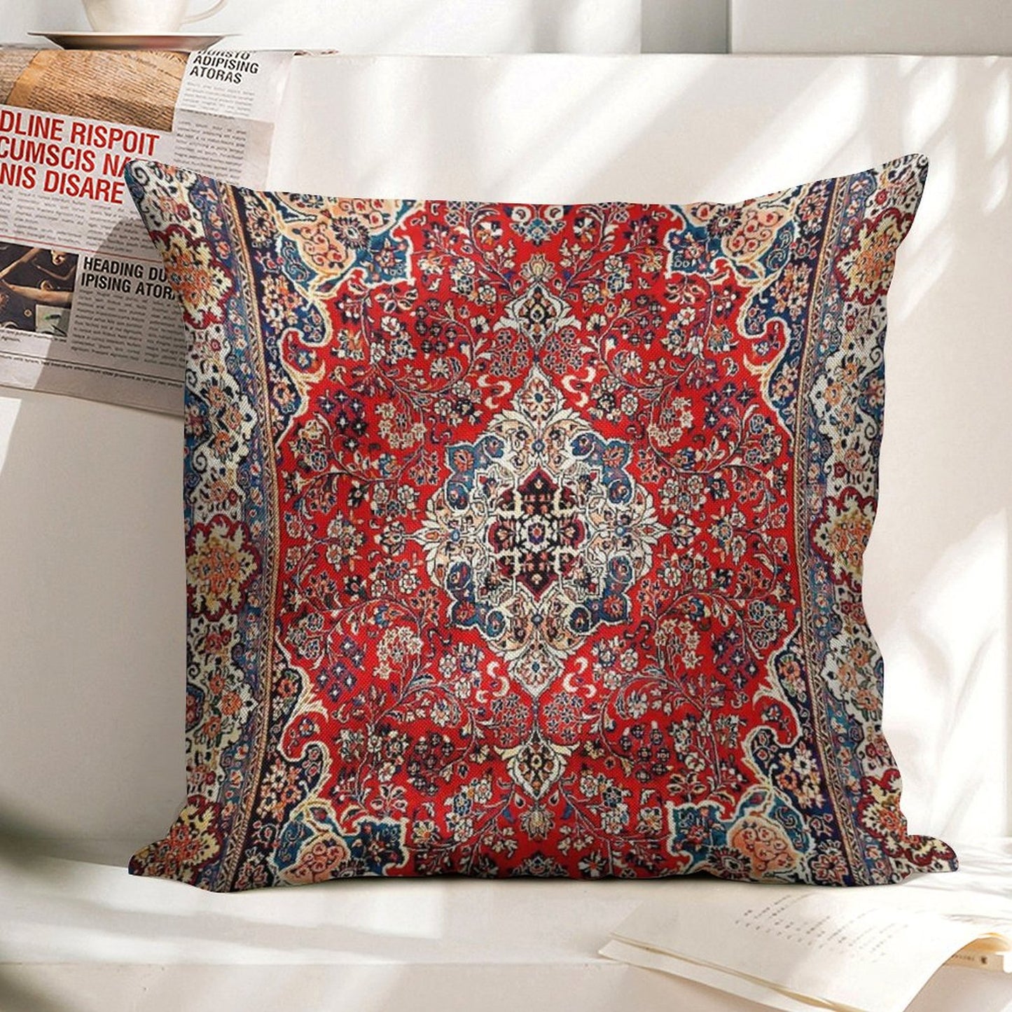Red Blue Sarouk Persian Carpet Print Linen Throw Pillow Cover