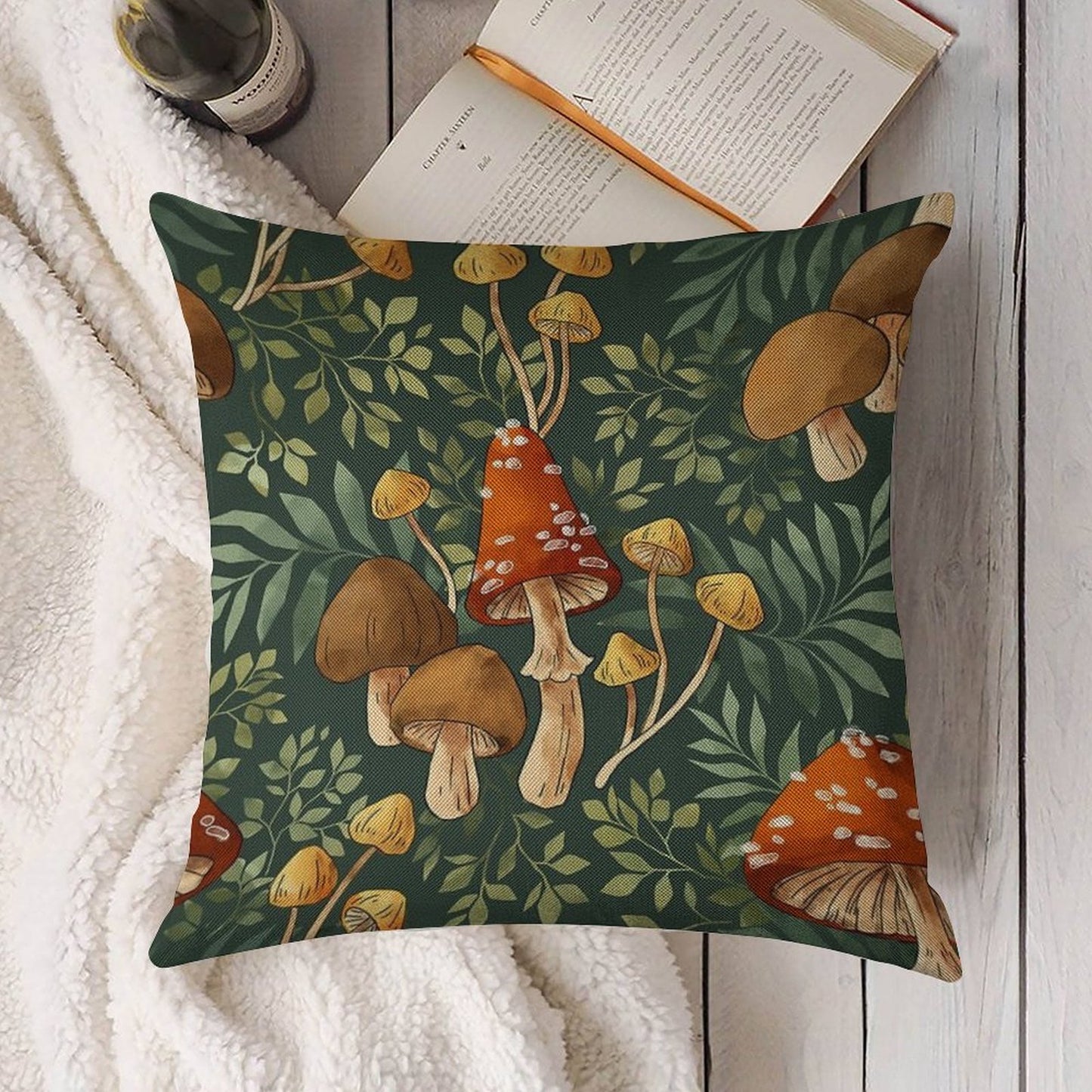 Woodland Mushroom Spray Linen Throw Pillow Cover