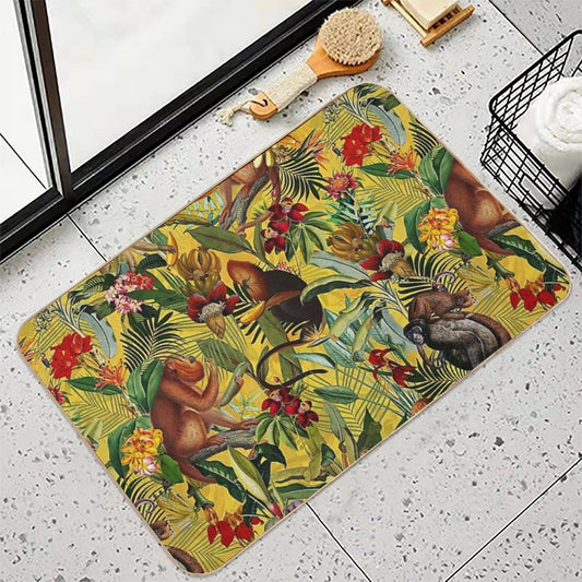 Tropical Monkey Jungle Botanical Garden Pattern - Yellow Nightgarden Bath Mat