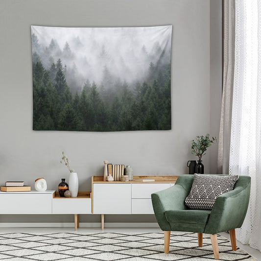 Home Is A Feeling Misty Retro Fall Wilderness Fairytale Evergreen Forest With Trees Covered In Magic Fog Season Tapestry