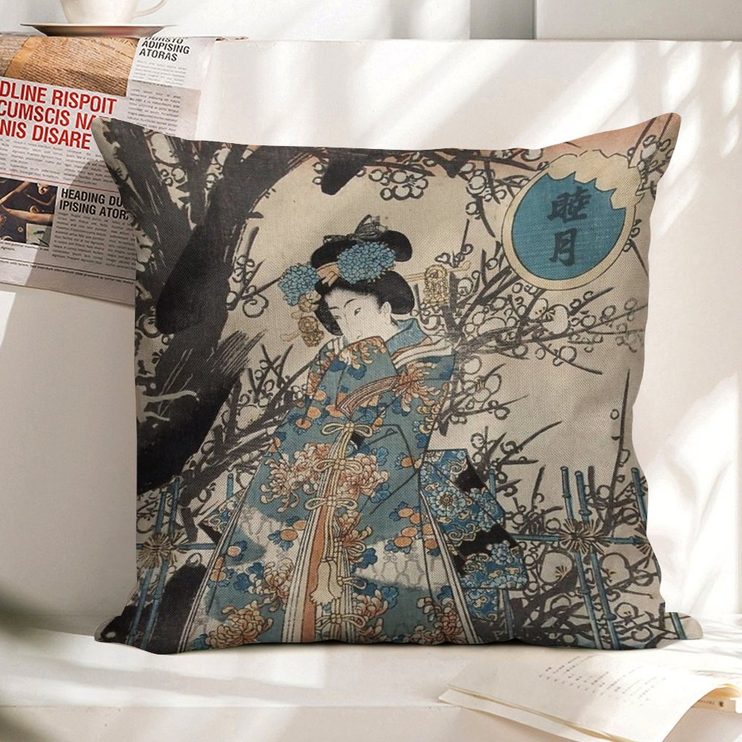 Classic Vintage Ukiyo-e Japanese Art Geisha Portrait Linen Throw Pillow Cover