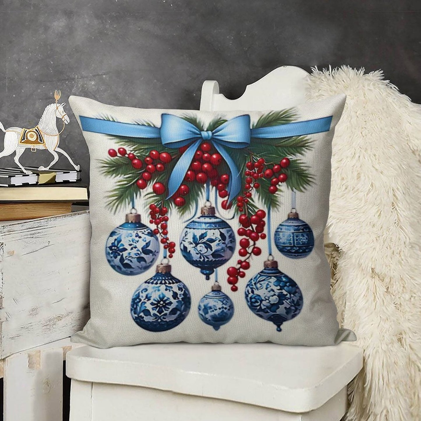Chinoiserie Christmas Holiday. Blue And White Linen Throw Pillow Cover