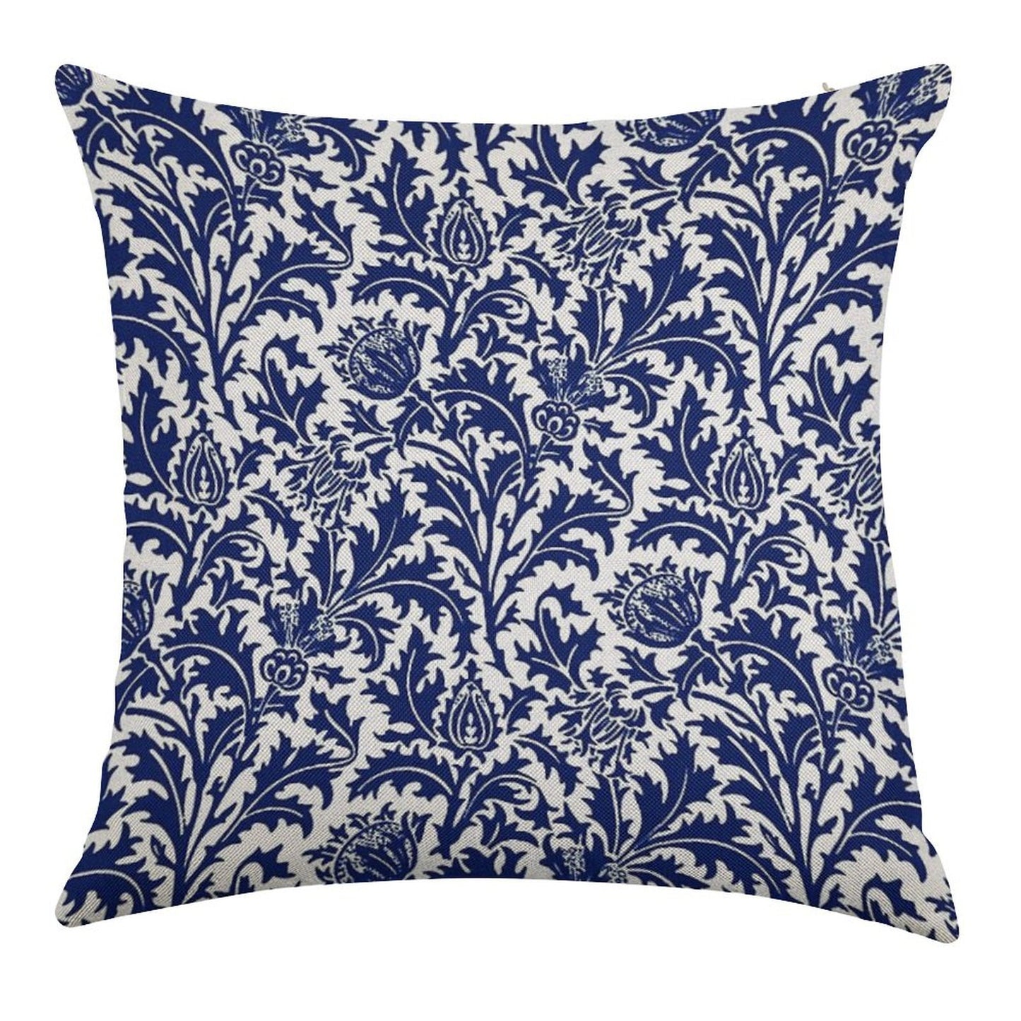 William Morris Thistle Damask, Navy Blue And White Linen Throw Pillow Cover