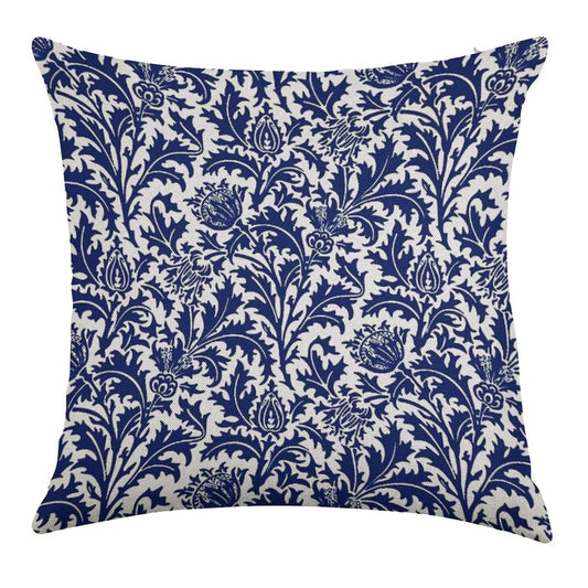 William Morris Thistle Damask, Navy Blue And White Linen Throw Pillow Cover