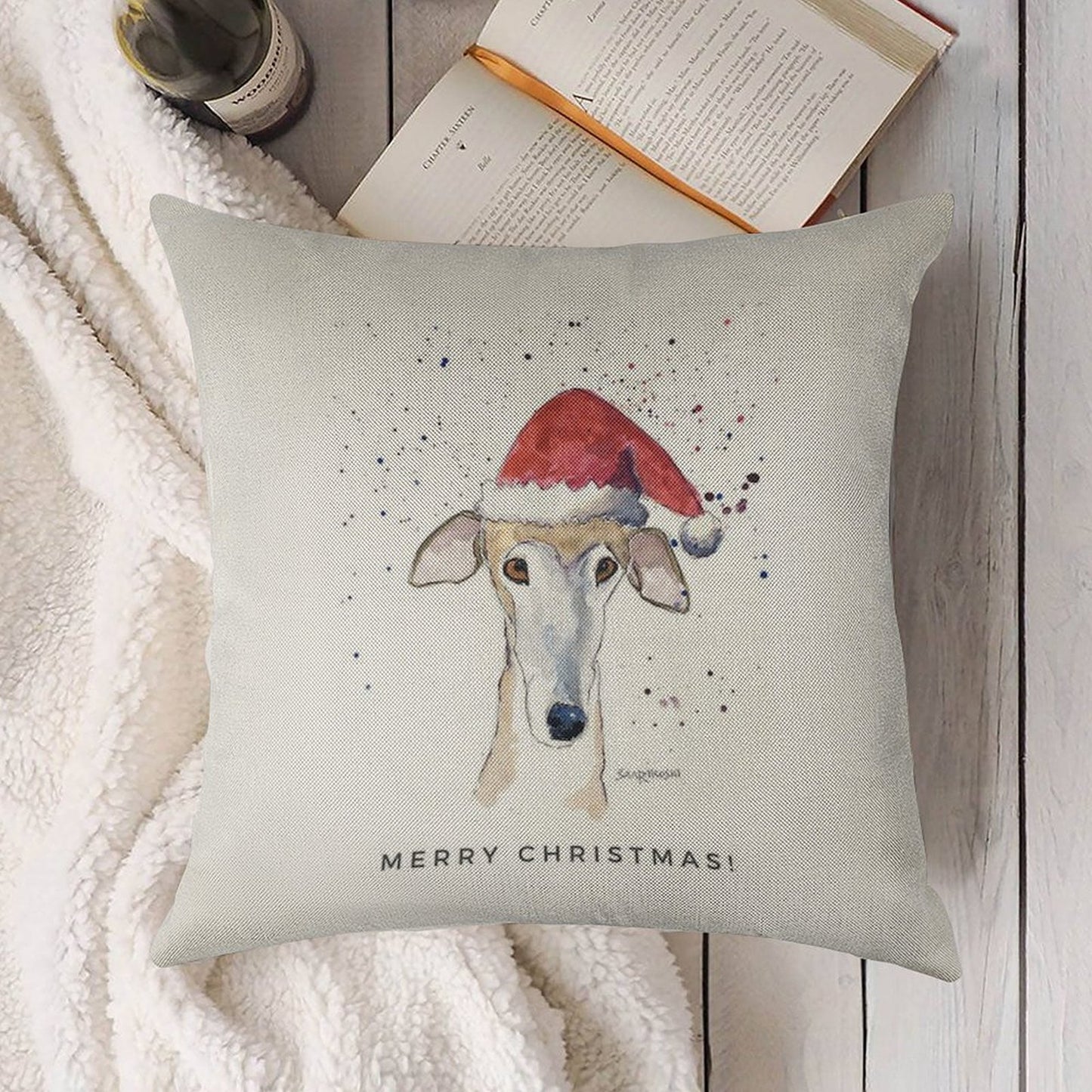 Galgo Espanol Christmas Hat Card, Brindle Greyhound Art Linen Throw Pillow Cover