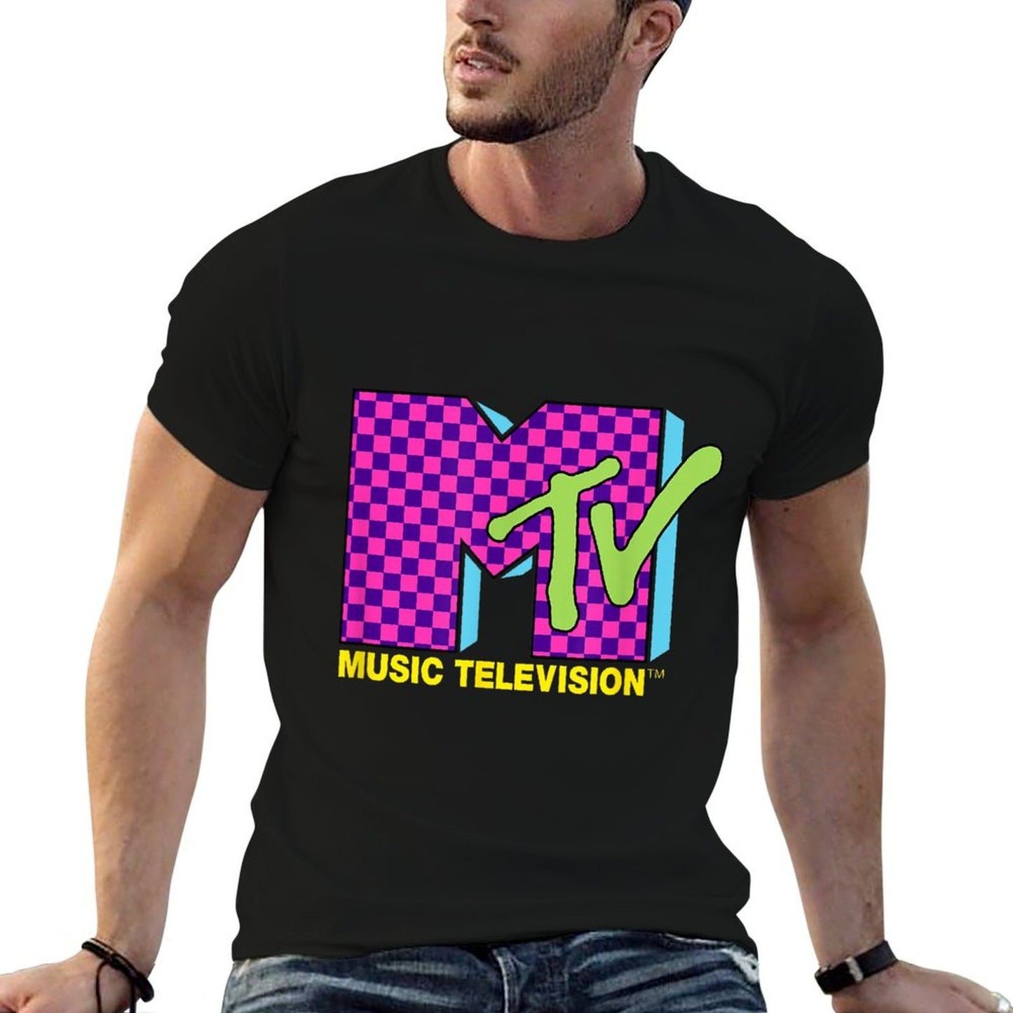 MTV Music Television Retro 80's Neon Pink Checkerboard Logo Breathable T-Shirt