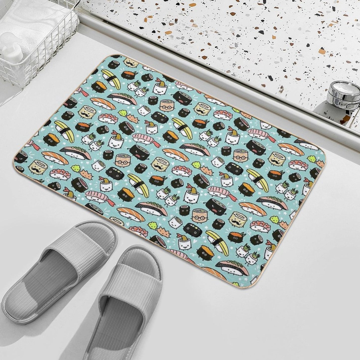 Cute Sushi Pattern Kawaii Sushi Characters Bath Mat