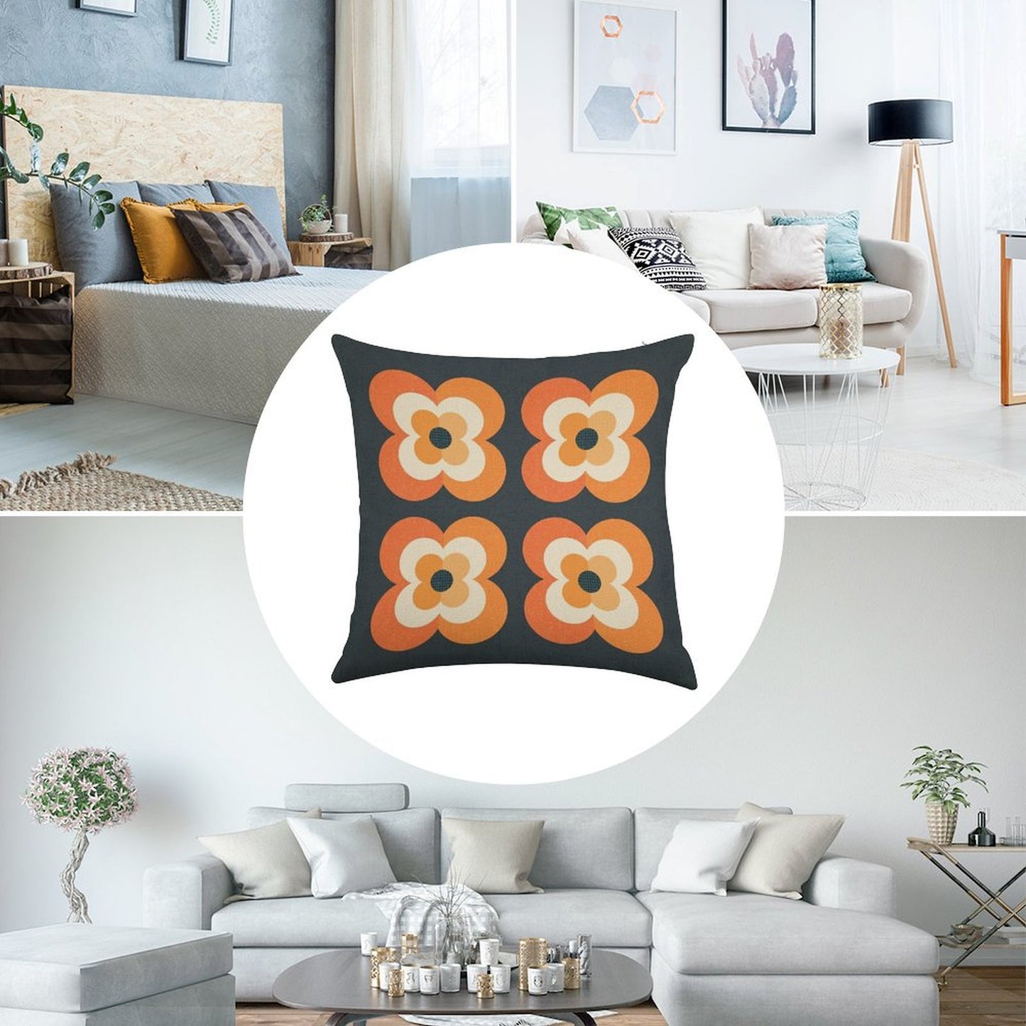 Retro Flowers - Orange And Charcoal Linen Throw Pillow Cover