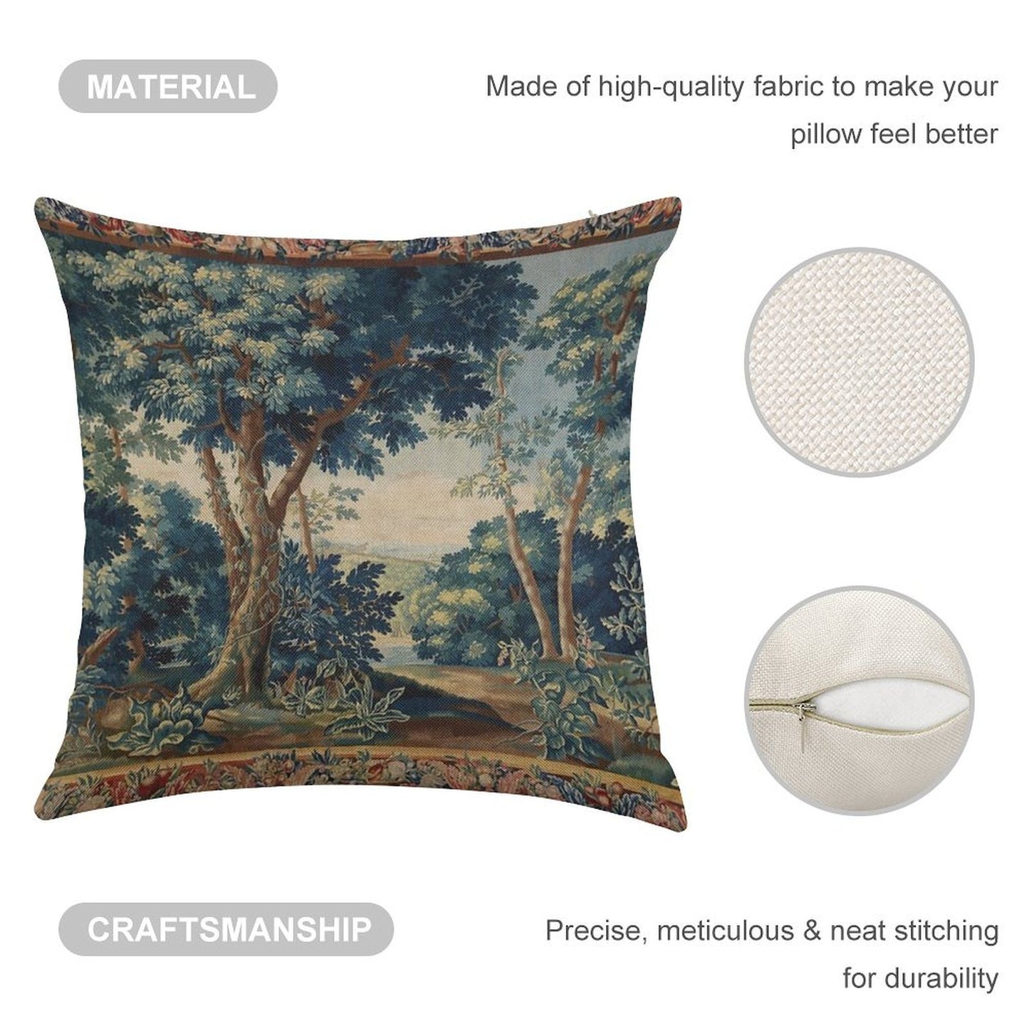 GREENERY, TREES IN WOODLAND LANDSCAPE Antique Flemish Tapestry Linen Throw Pillow Cover