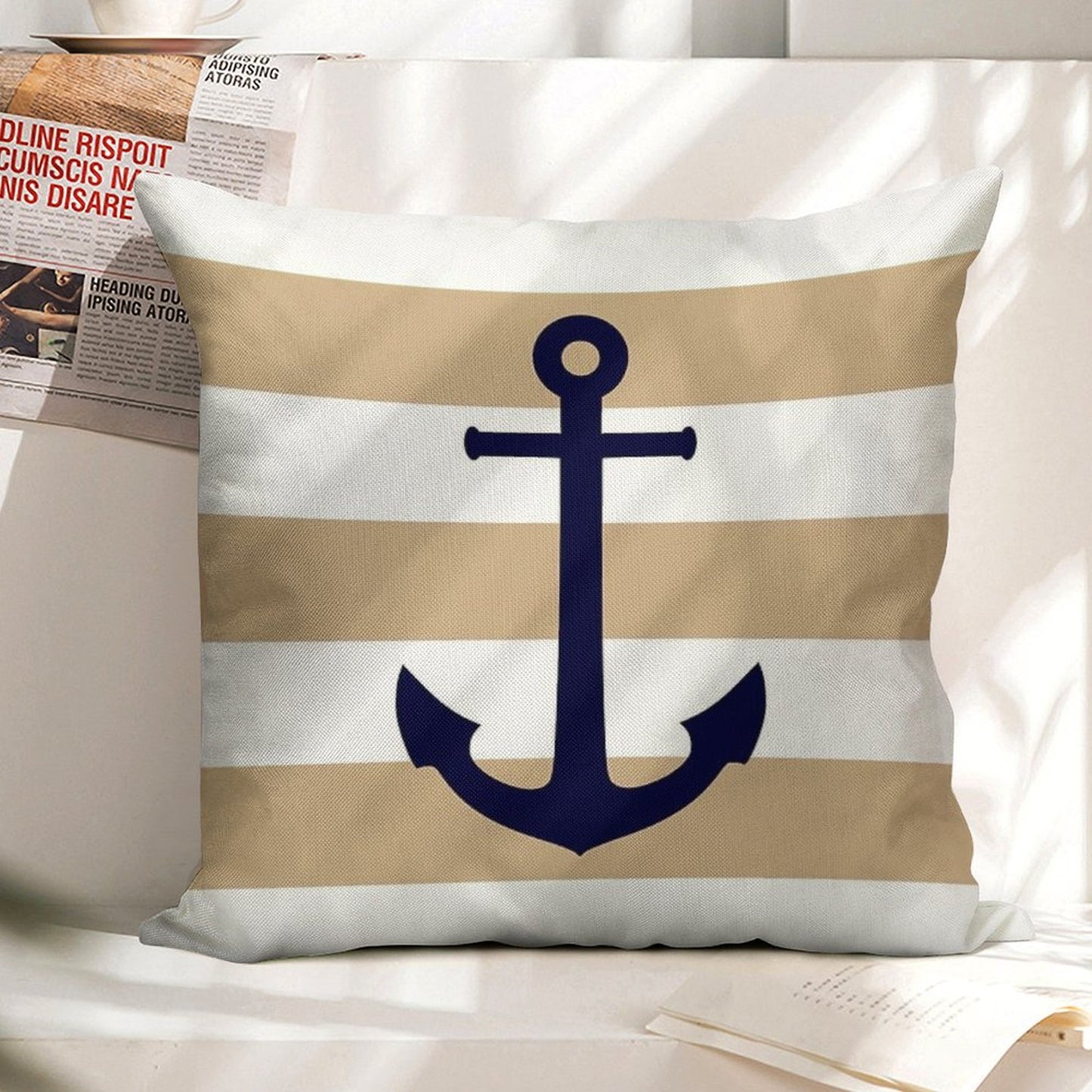 Nautical Navy Blue Anchor On Tropical Tan Stripes Linen Throw Pillow Cover