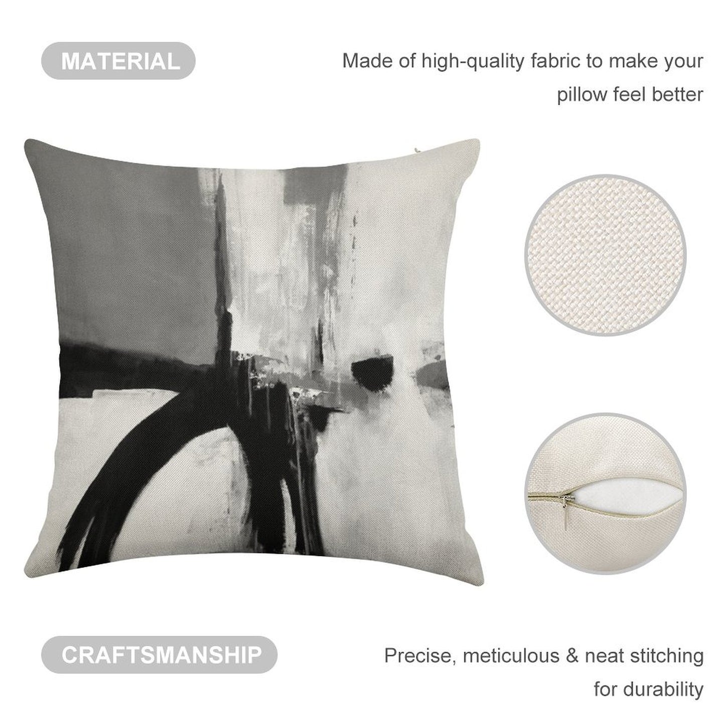 Black White Grey Abstract Linen Throw Pillow Cover