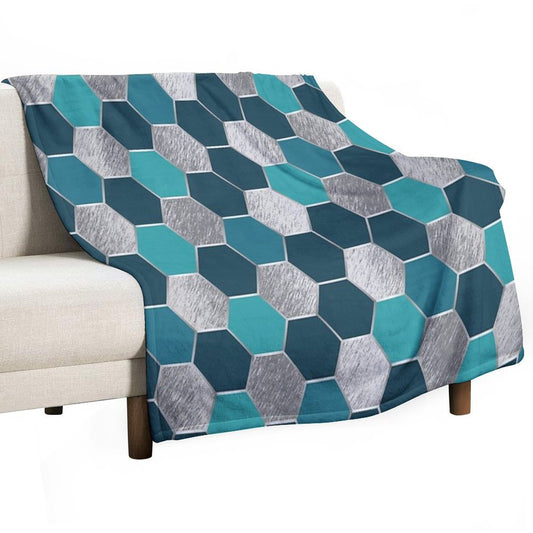 Metal Silver And Teal Geometric Hexagon Pattern Throw Blanket