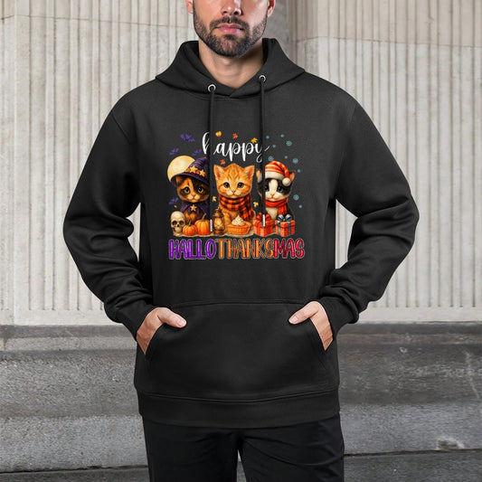 Happy HalloThanksMas Funny Halloween Thanksgiving Christmas Colorfast Hoodie