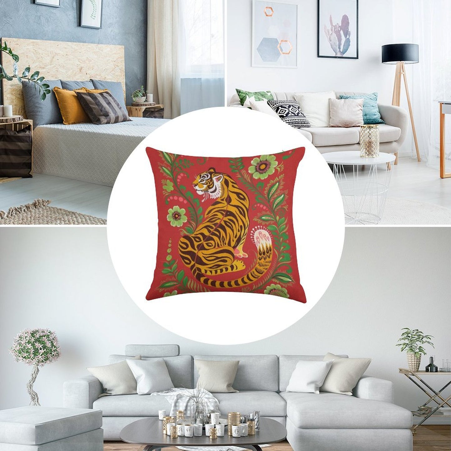 Tiger Folk Art Linen Throw Pillow Cover