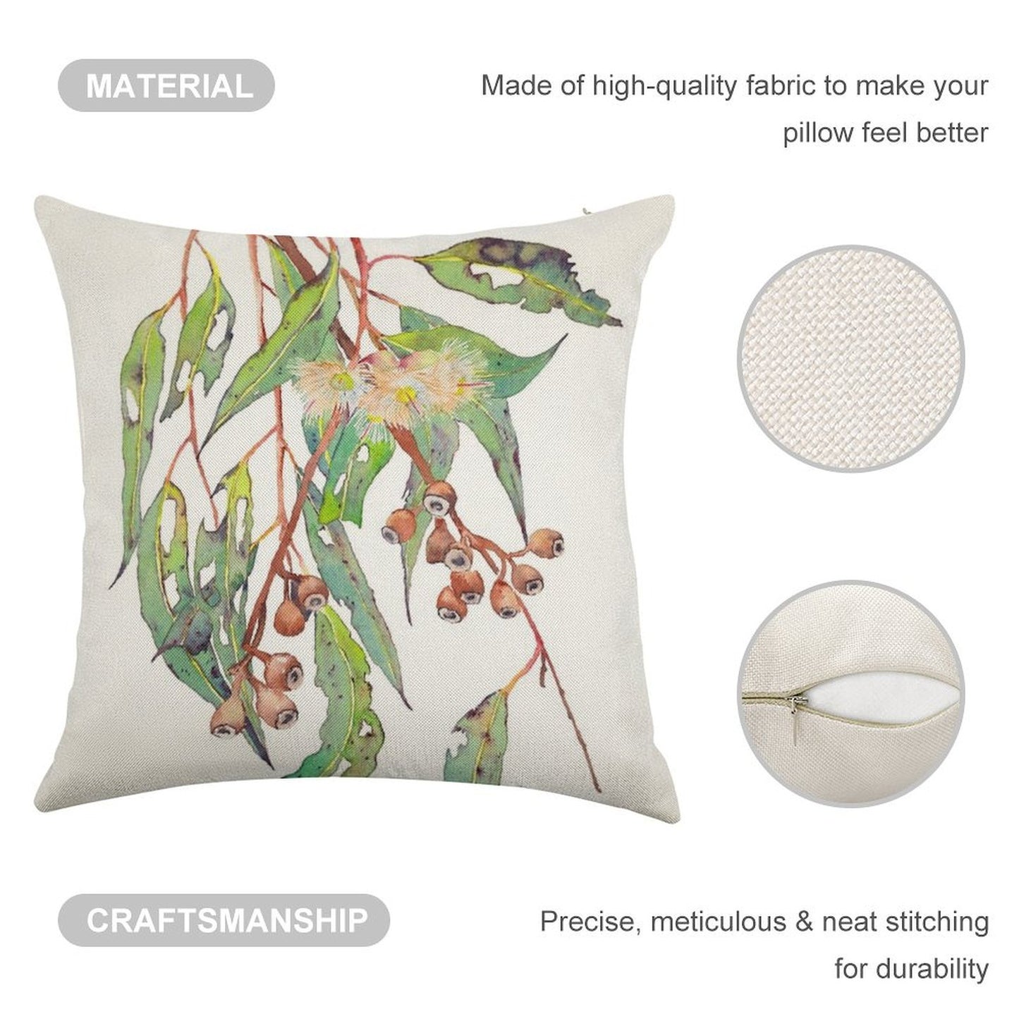 Watercolour Eucalyptus Tree Branch with White Flowers & Gumnuts. Linen Throw Pillow Cover