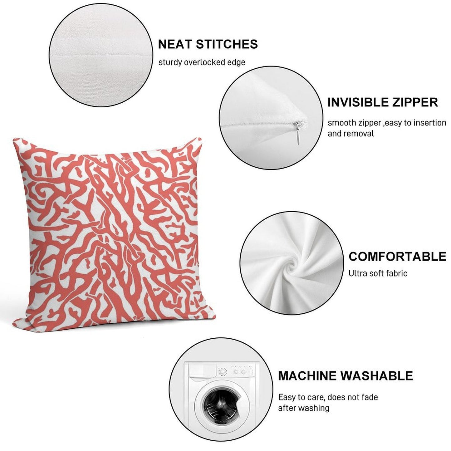 Coral Reef Pattern  Reddish Coral White Coastal Beach House Soft Washable Throw Pillow