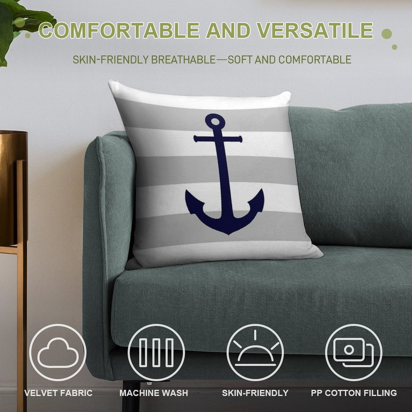 Nautical Navy Blue Anchor On Gray Stripes Soft Ultra-Soft Texture Throw Pillow