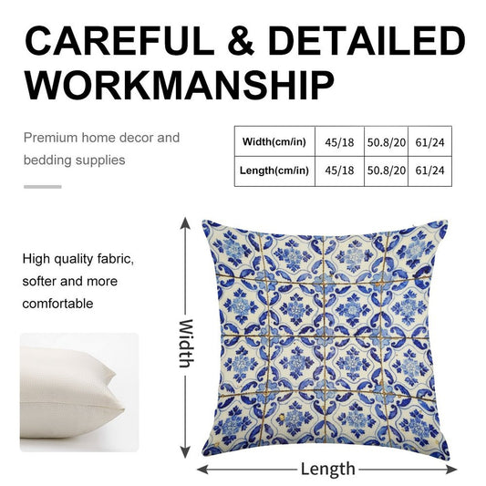 Portuguese Tiles. Blue Flowers And Leaves Linen Throw Pillow Cover