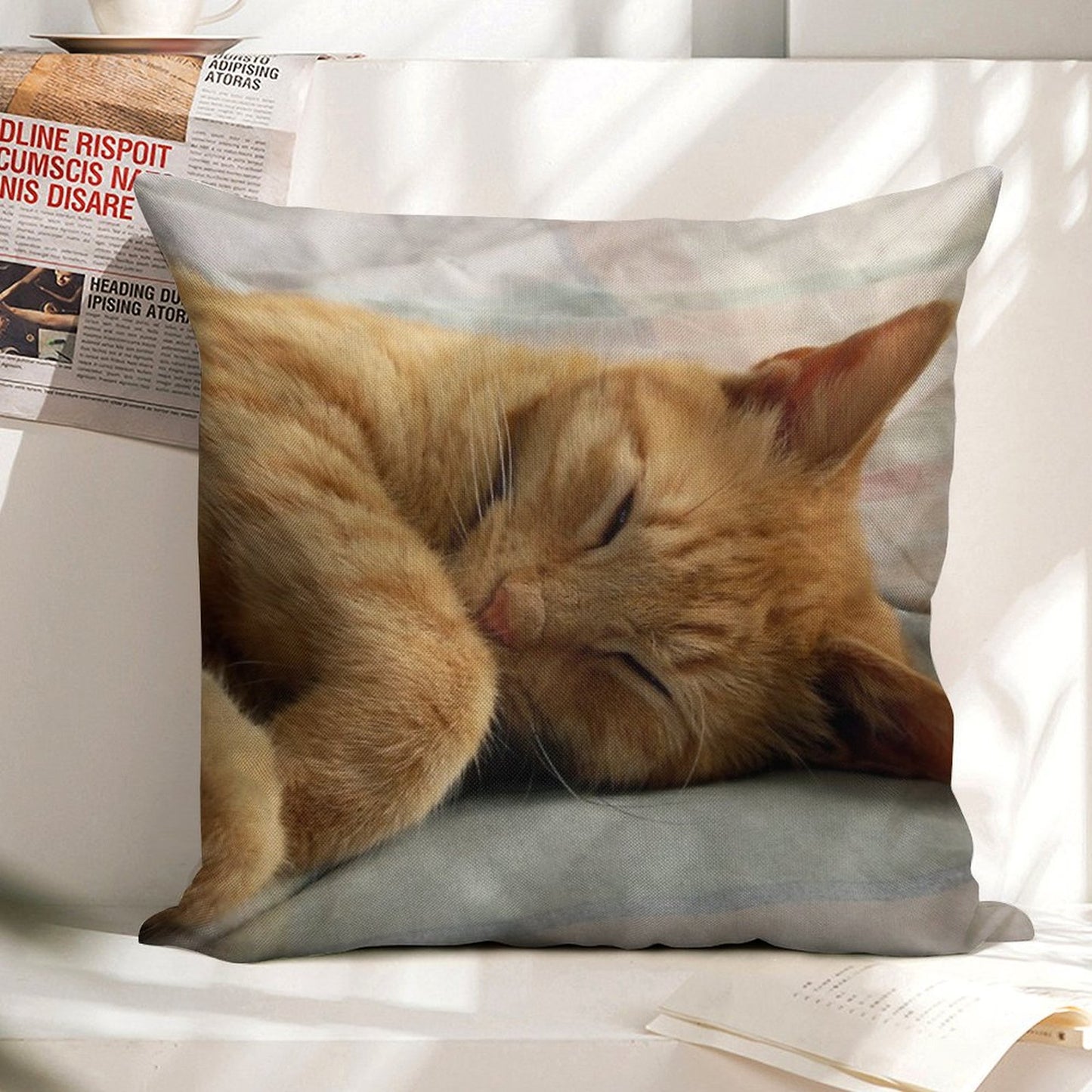 Ginger Cat Sleeping Linen Throw Pillow Cover
