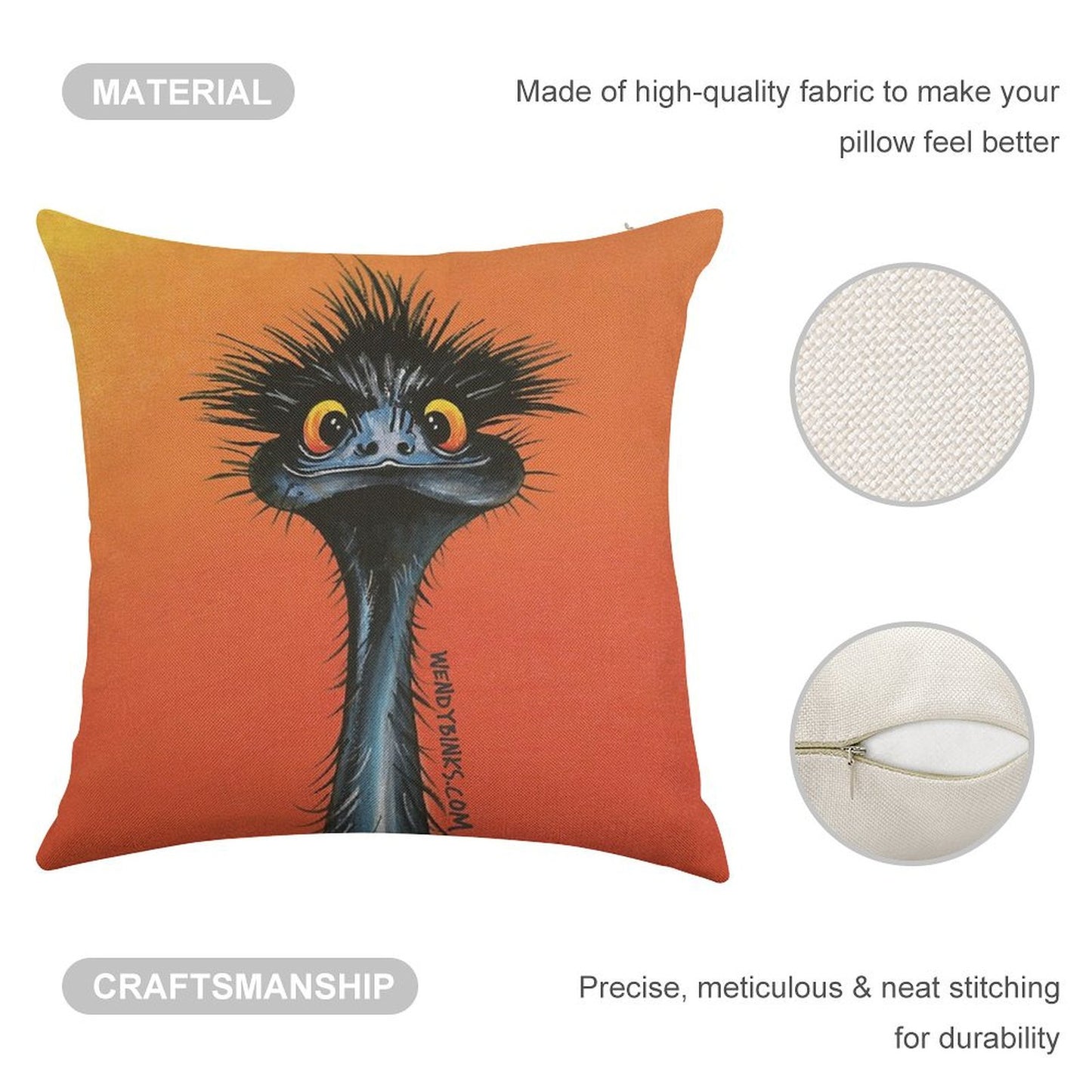Stunned Emu with Sunset Linen Throw Pillow Cover