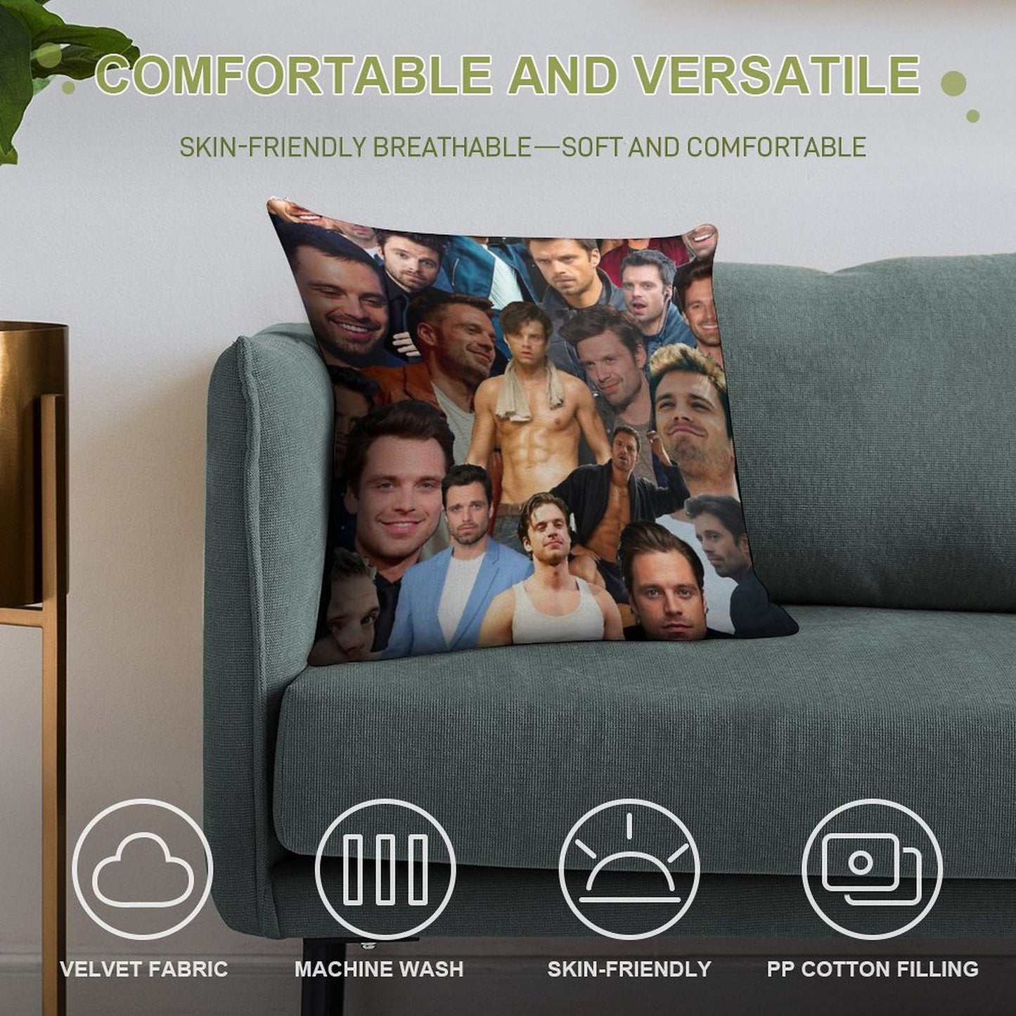 Sebastian Stan Photo Collage Soft Durable Construction Throw Pillow