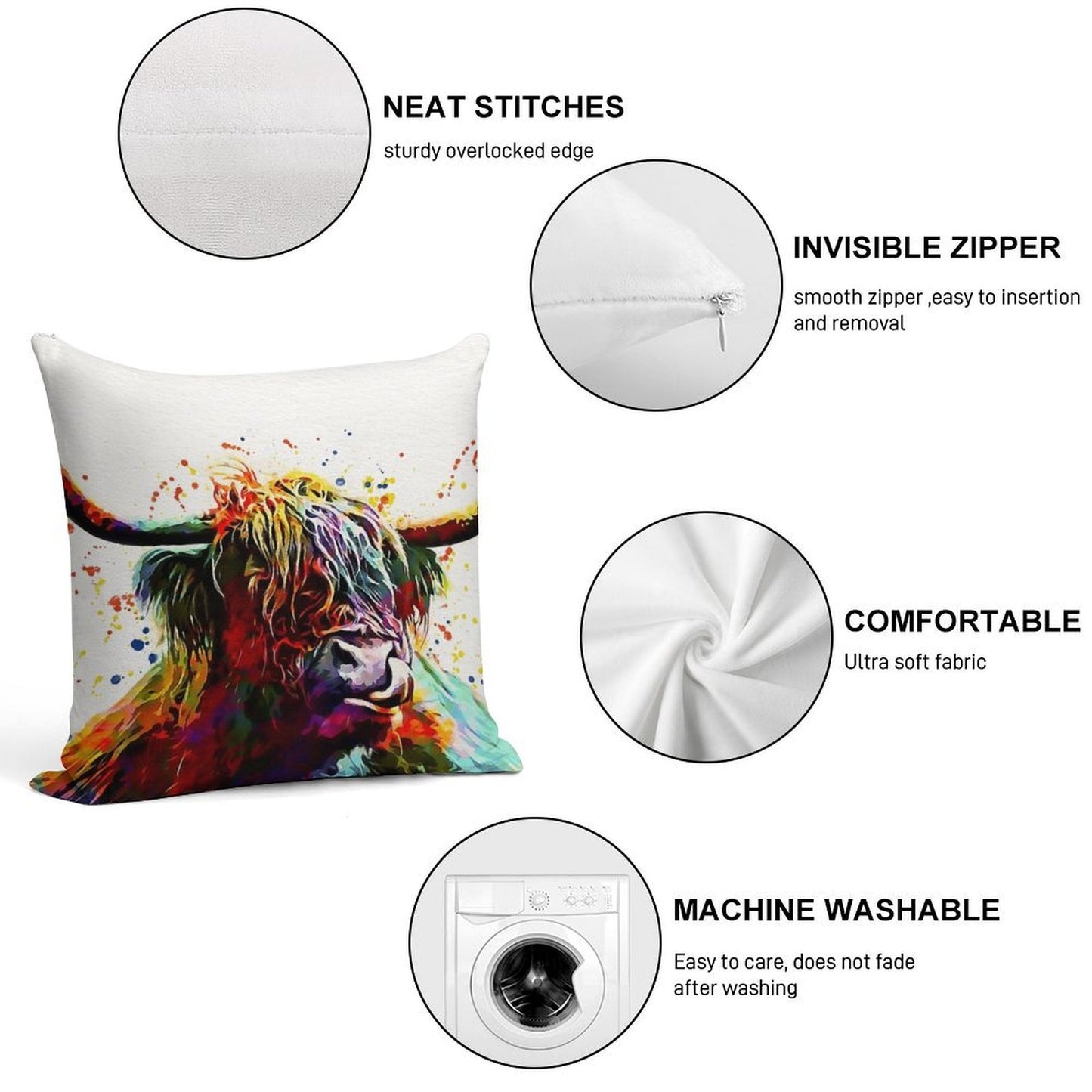 Highland Cow Watercolor Art Work Soft Durable Construction Throw Pillow