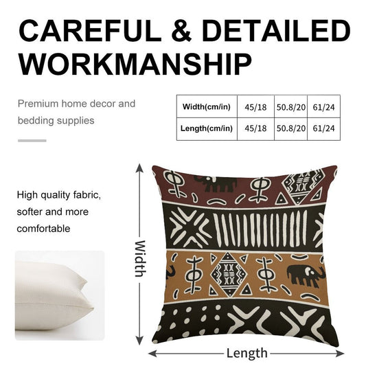 African Mud Cloth with Elephants Linen Throw Pillow Cover