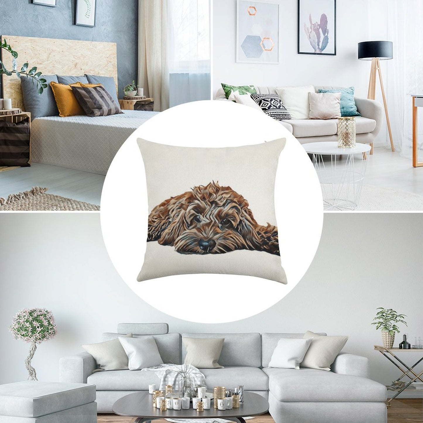 ChocolateBrown Cockapoo - White Background Linen Throw Pillow Cover