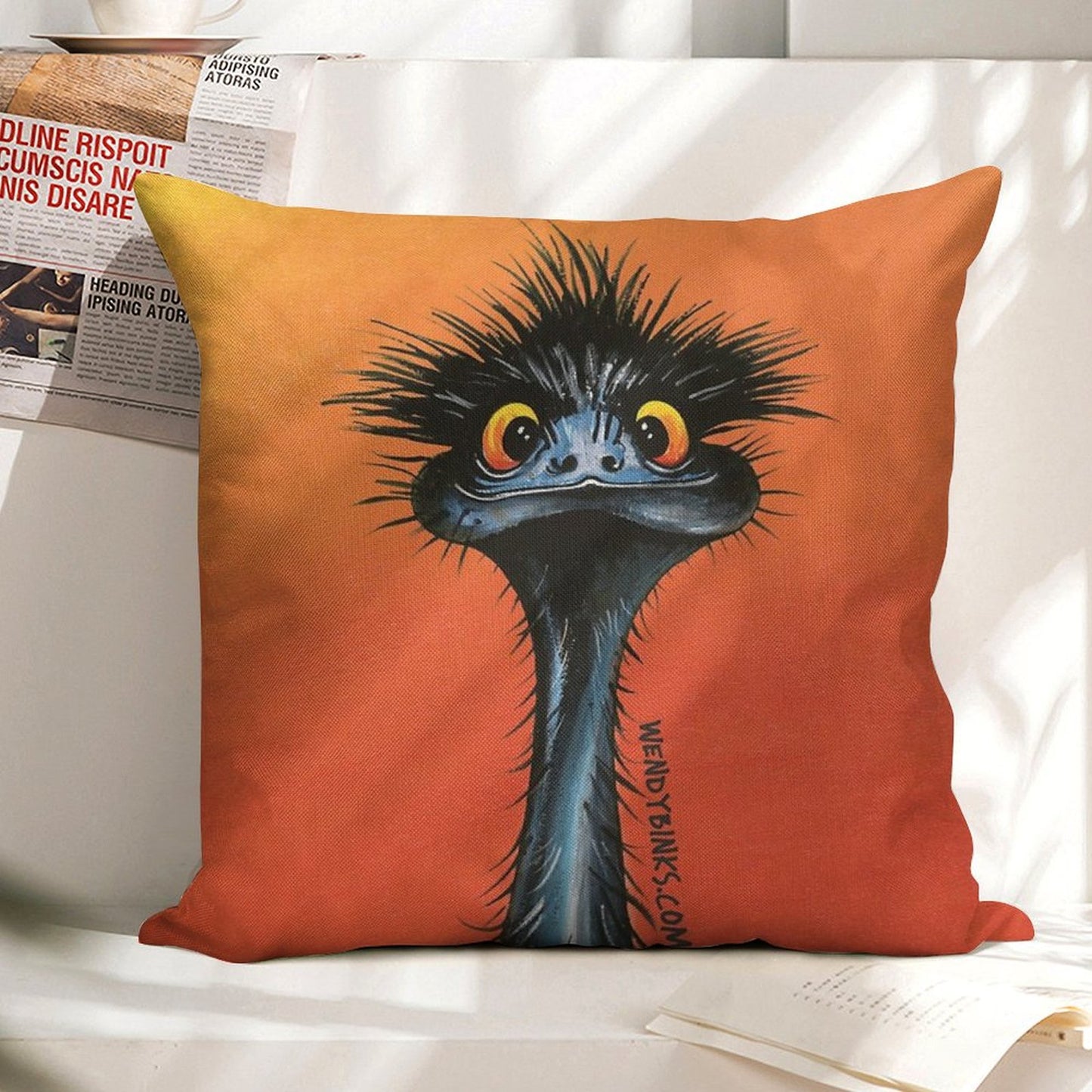 Stunned Emu with Sunset Linen Throw Pillow Cover