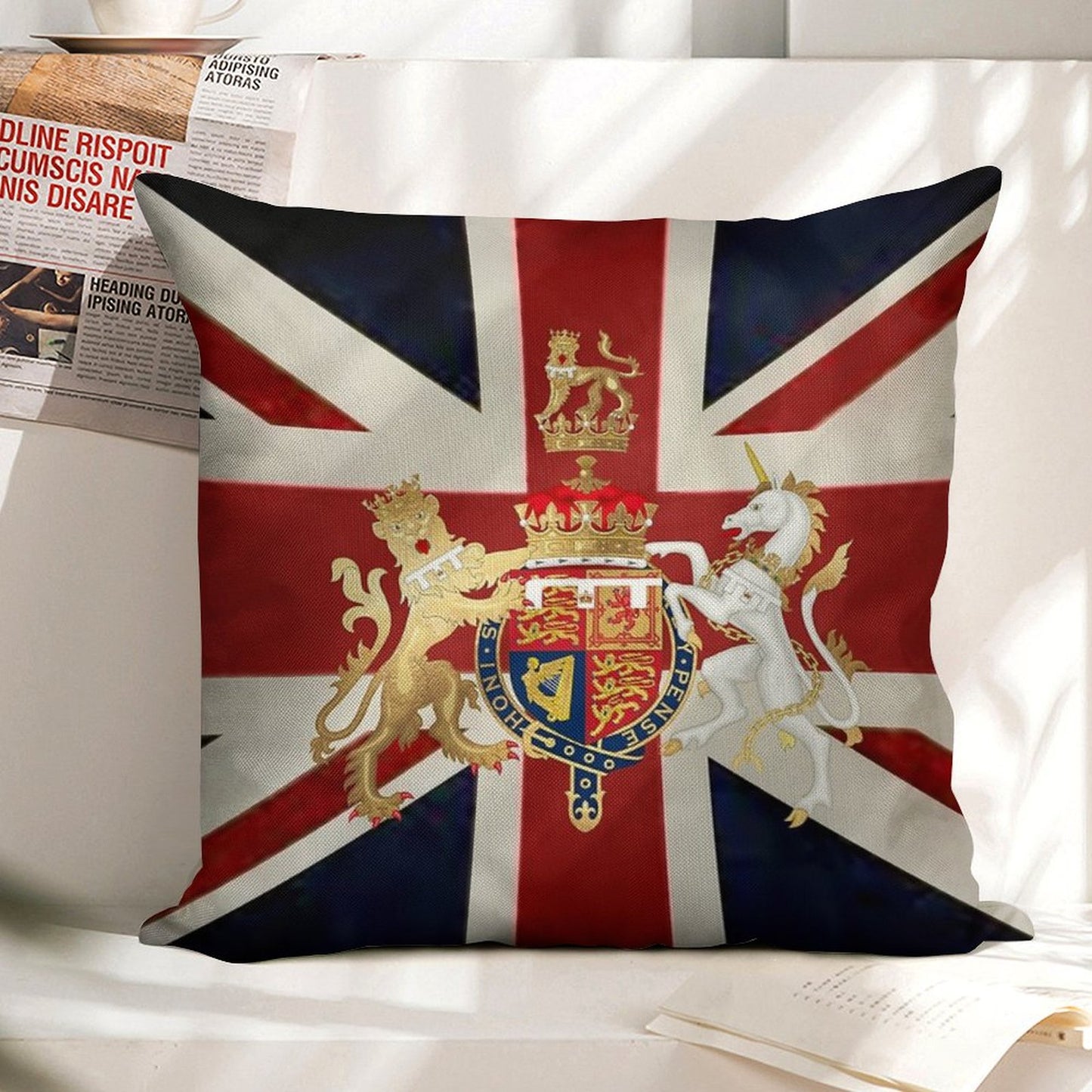 Union Jack with Windsor Insignia Linen Throw Pillow Cover