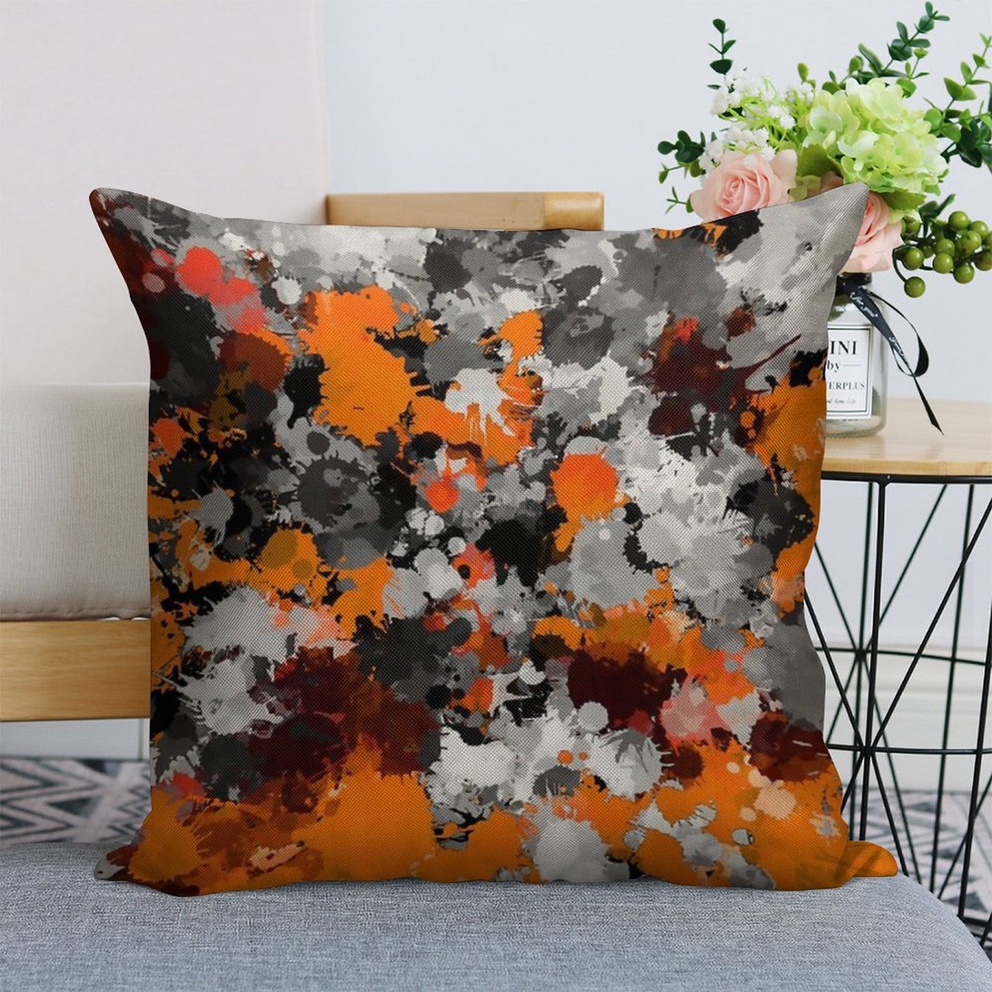 Orange And Grey Paint Splatter Linen Throw Pillow Cover