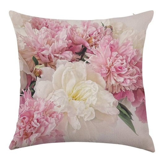 Peonies Linen Throw Pillow Cover