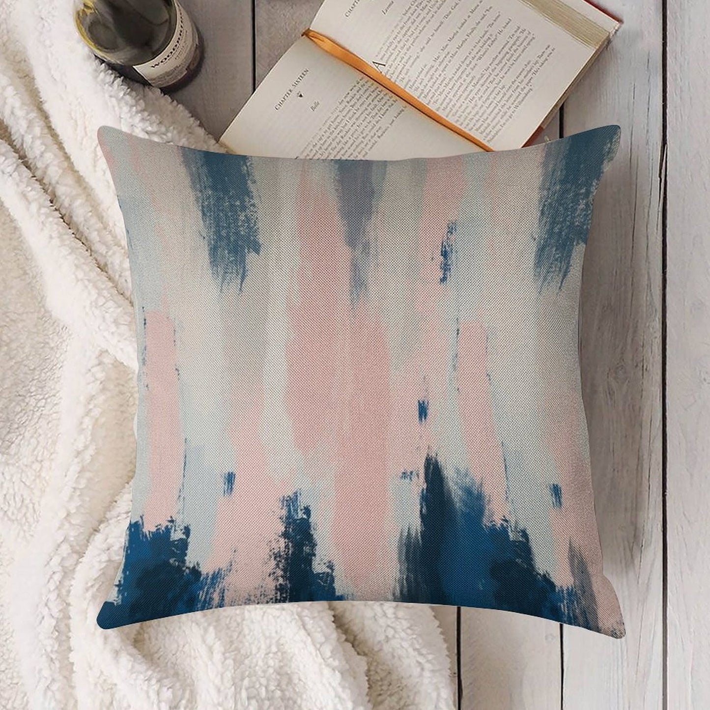 Abstract Blush And Blue Linen Throw Pillow Cover
