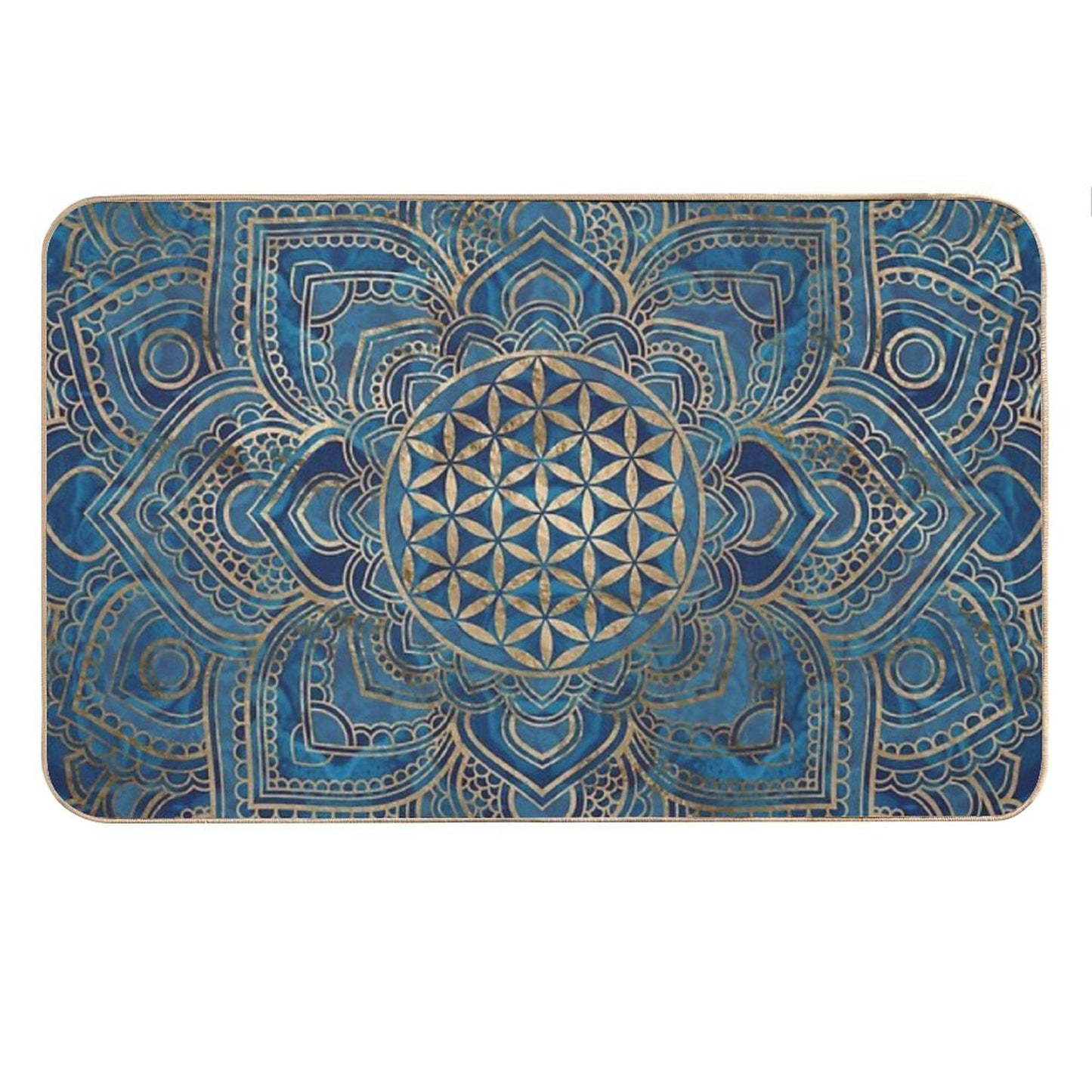 Flower of Life in Lotus Mandala - Blue Marble And Gold Bath Mat