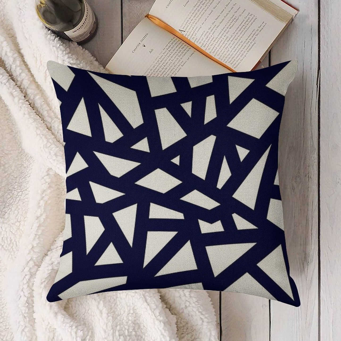 Navy Blue Thick Mosaic Lines On White Linen Throw Pillow Cover