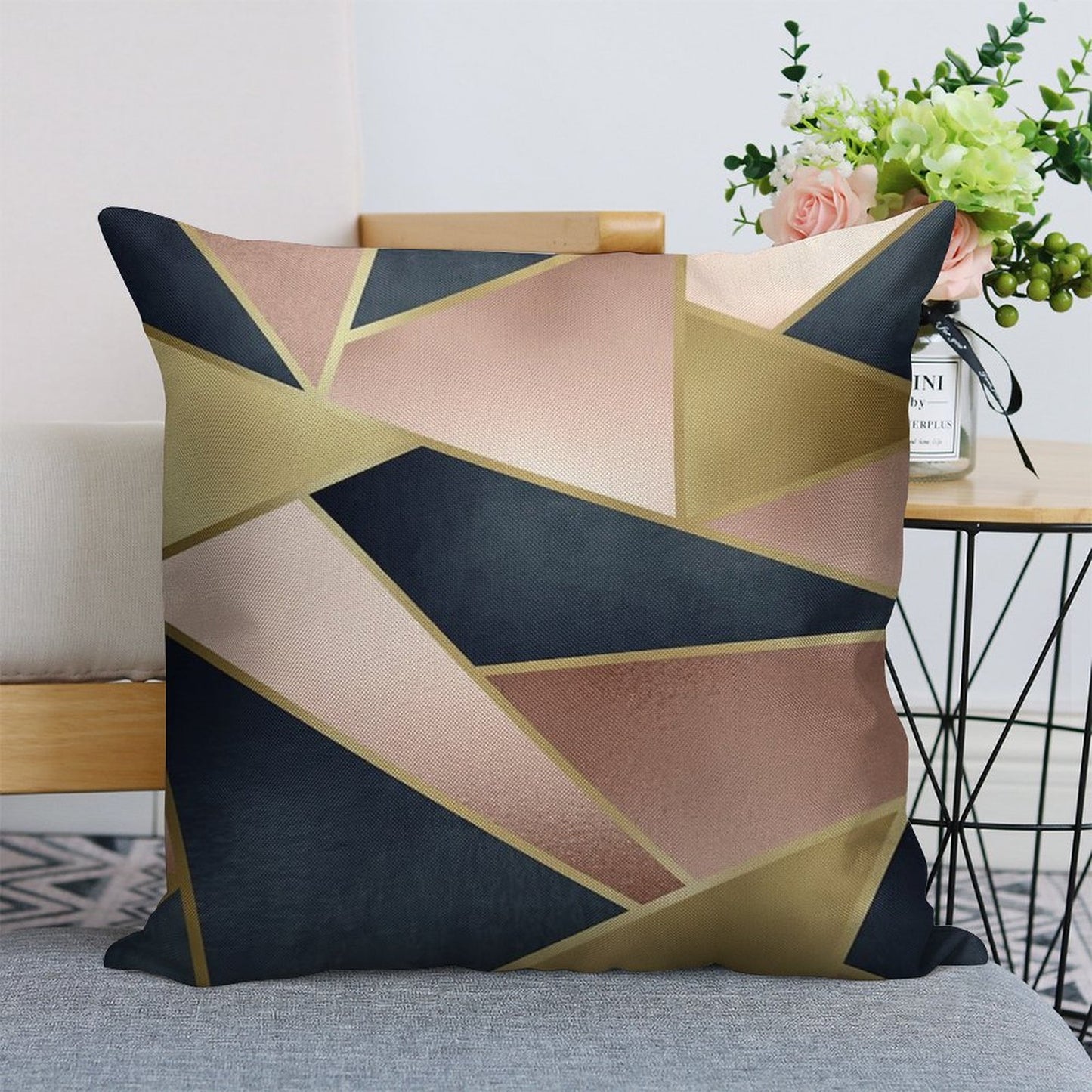 Geometric, Rose Gold, Pink, Gold And Navy Blue, Abstract, Pattern Linen Throw Pillow Cover