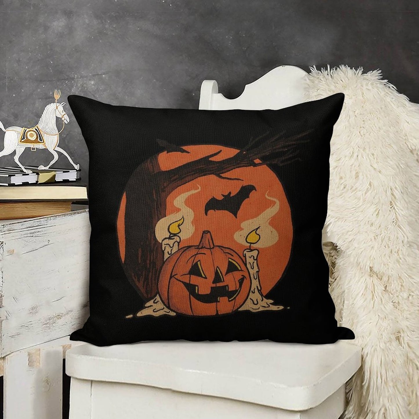 Vintage Pumpkin Scene Halloween Linen Throw Pillow Cover