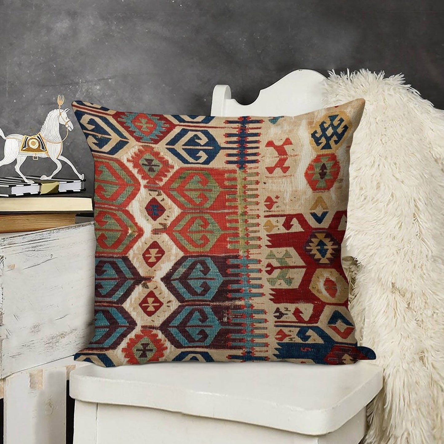 Aksaray Tribal Antique Turkish Kilim Print Linen Throw Pillow Cover