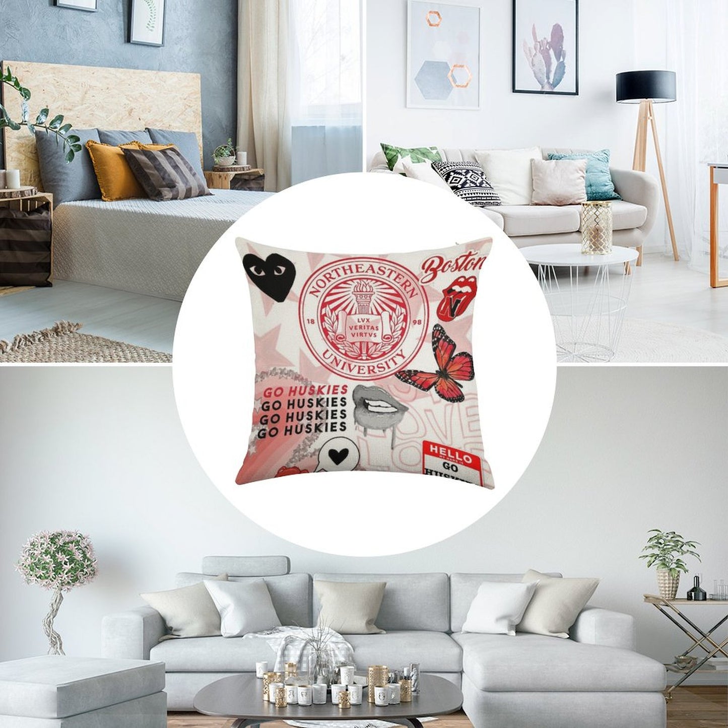 NORTHEASTERN COLLAGE Linen Throw Pillow Cover