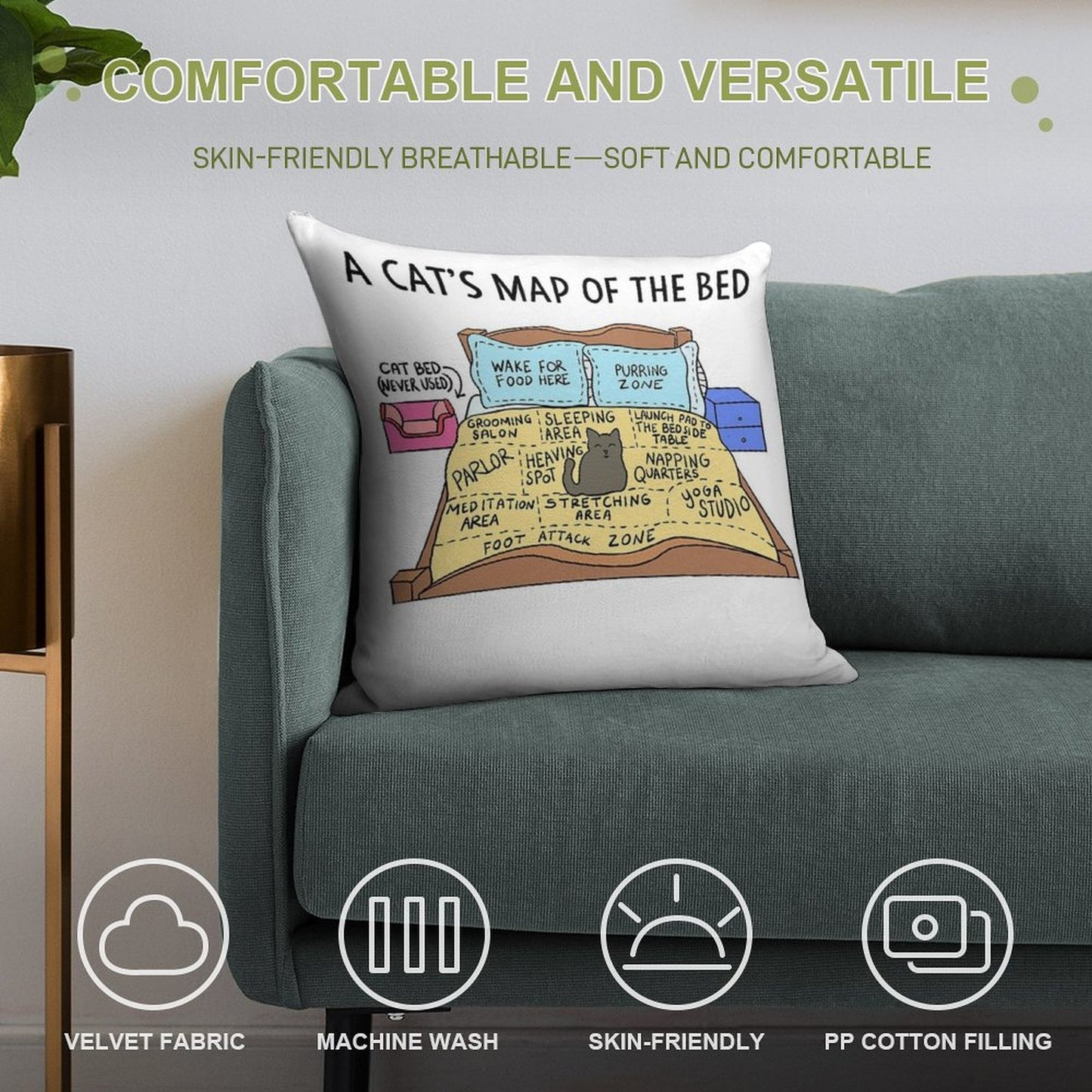 Cats Map of The Bed Funny Cat Gift for Cat Owner Soft Anti-Pilling Throw Pillow