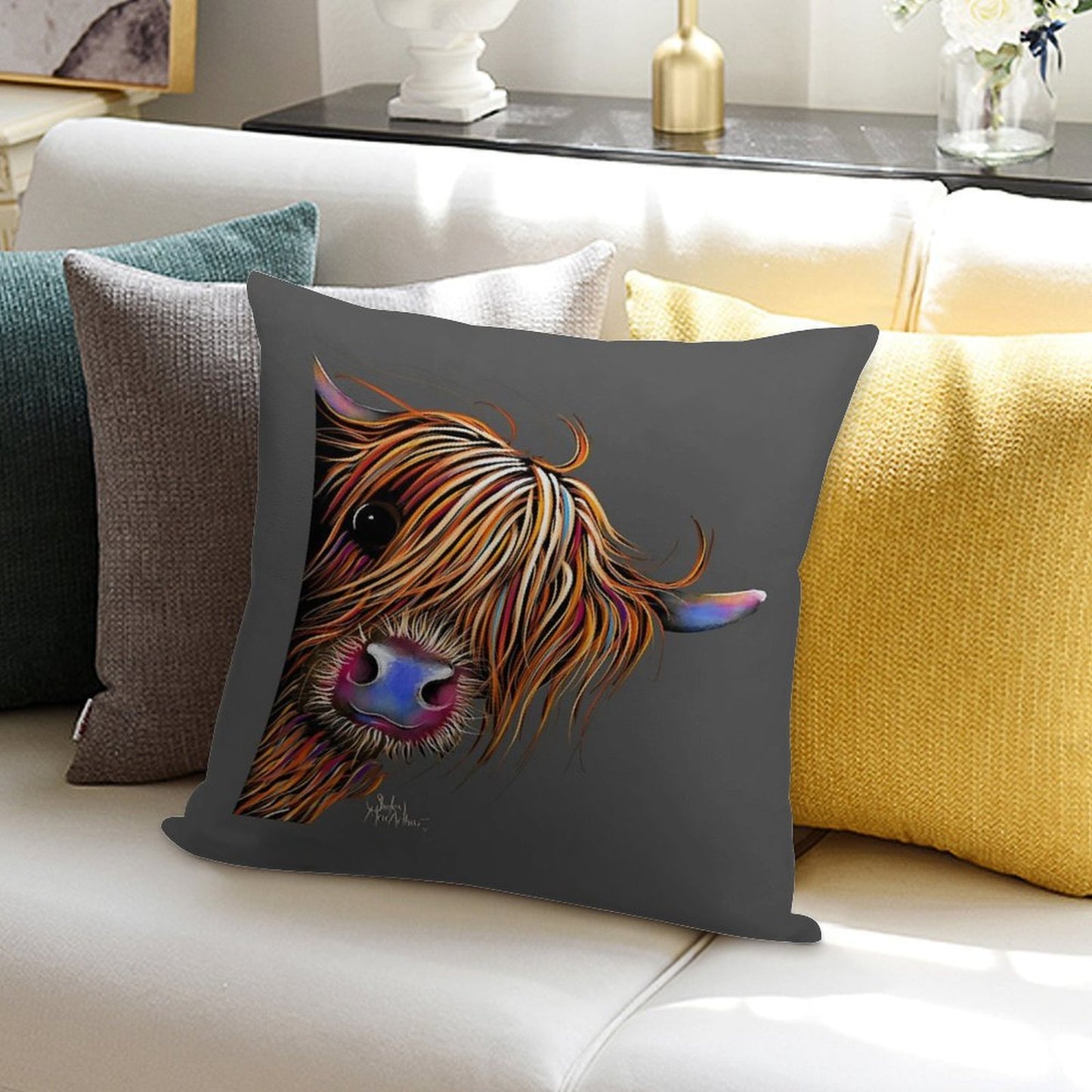 HiGHLaND CoW PRiNT SCoTTiSH ' SuGaR LuMP ON GReY ‘ BY SHiRLeY MacARTHuR Soft Anti-Pilling Throw Pillow