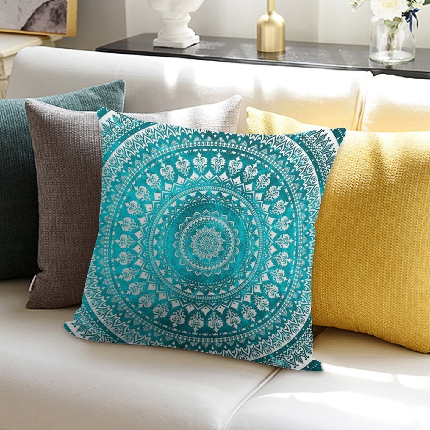 Mandala Turquoise Soft Reinforced Edging Throw Pillow