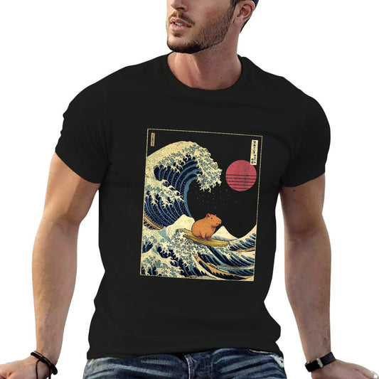 Capybara Japanese Kanagawa Wave Funny Surf Animal Easy-care T-Shirt